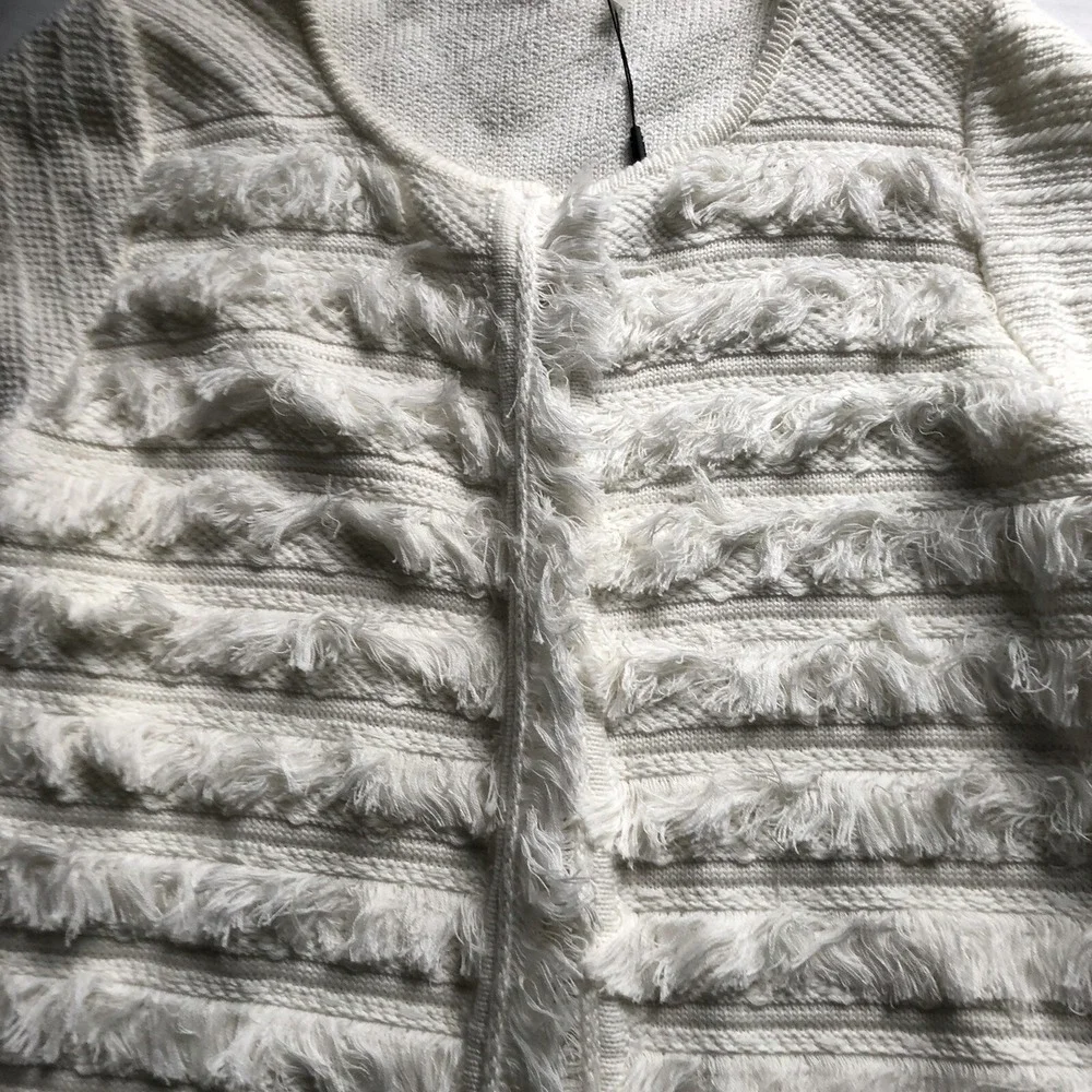 Tahari Ivory White Fiona Fringe Cardigan Sweater Sz M A1558
